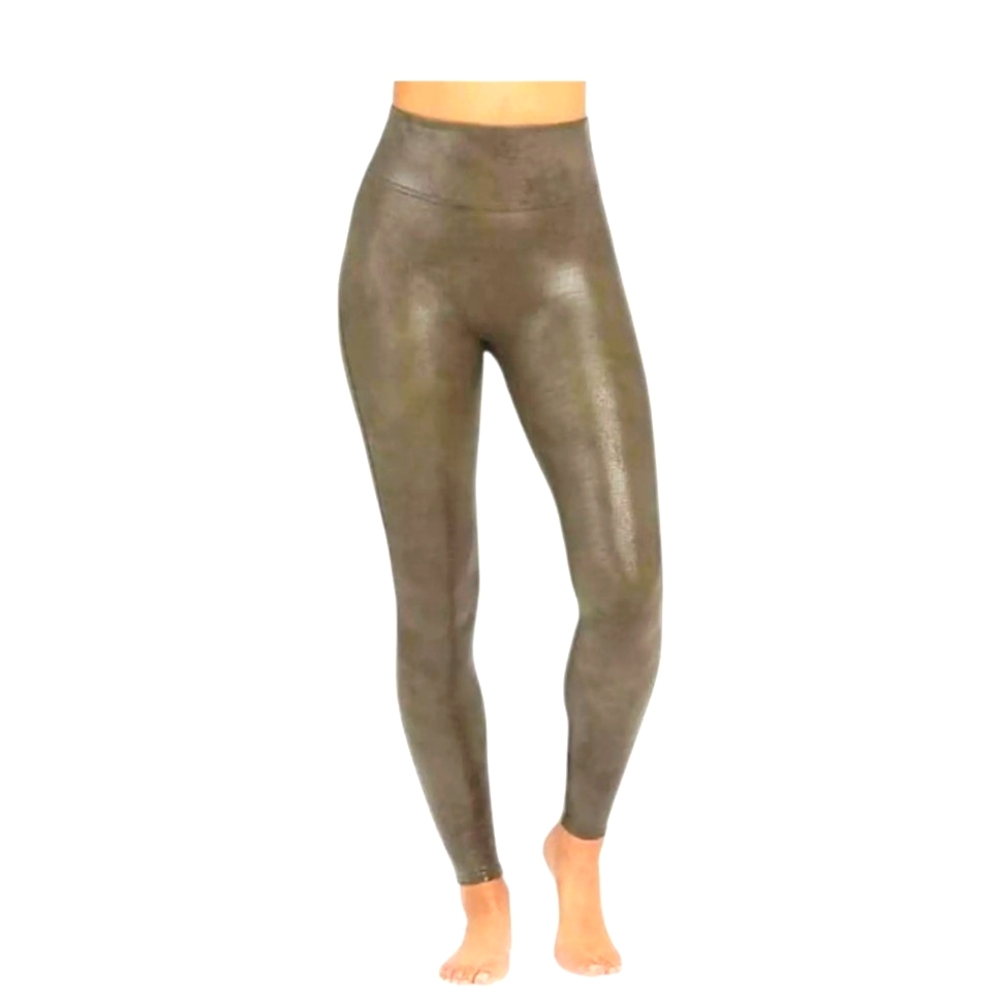 Spanx Faux Leather Crocs Darkened Olive Leggings, Sz: Large, NWOT